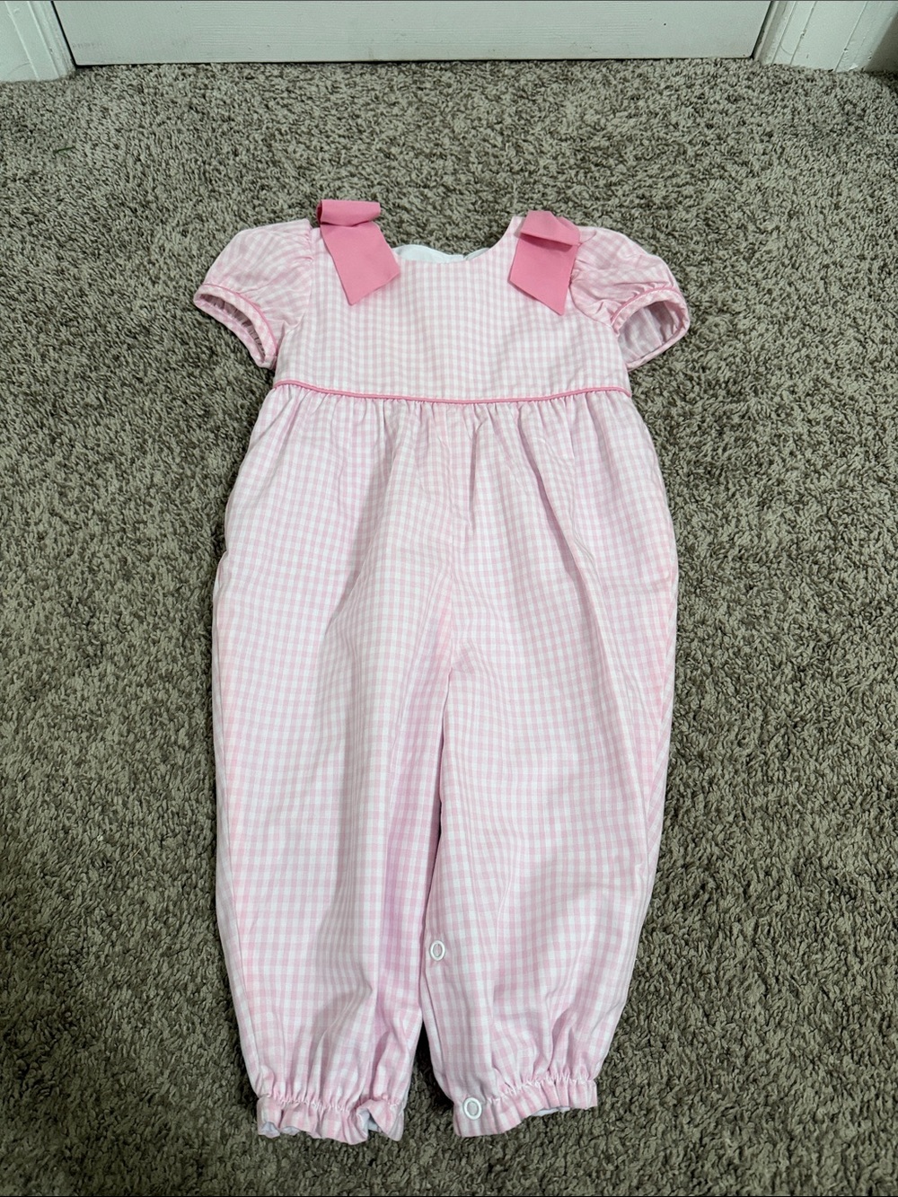 NWT The Beaufort Bonnet Company Pink and White Gingham Bow Romper 6-12 Months